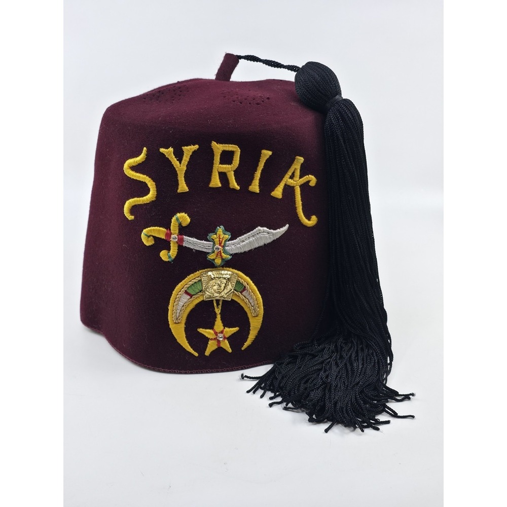 Vintage Shriners Fez Hat Syria Temple Masonic Metal‎ Sphinx Size 7 1/4 Clean